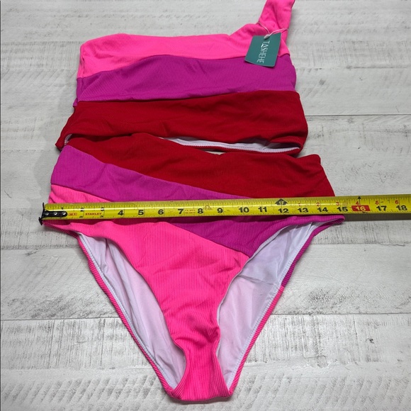 TASHEHE One Shoulder Sexy Neon Color Block Bathing Suit Full Coverage Cutout - Picture 4 of 9